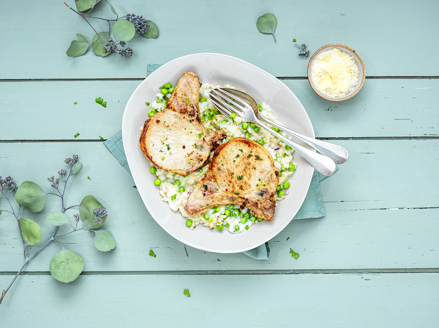 Côtes de porc de printemps - risotto petits pois